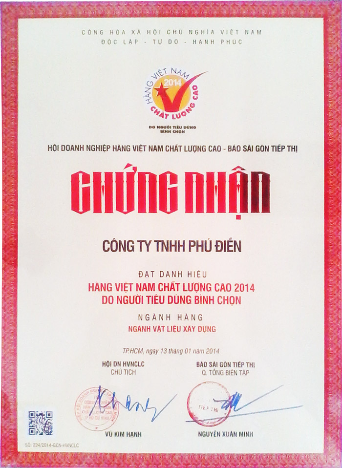 Giấy chứng nhận Hàng Việt Nam Chất Lượng Cao 2014 của Công ty TNHH Phú Điền